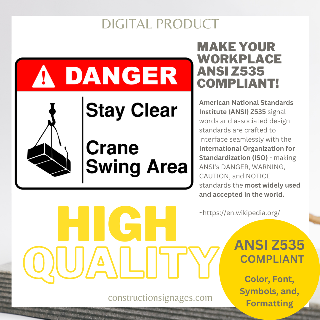 Crane Swing Area, Stay Clear, Printable Digital Download Construction